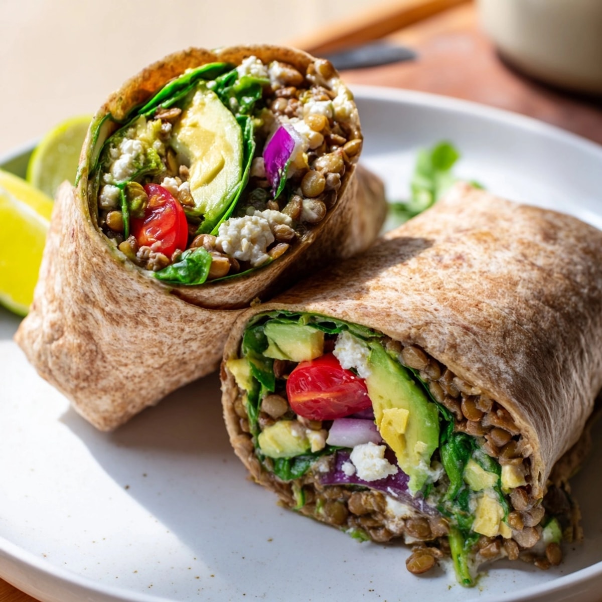 Creamy avocado lentil breakfast wrap: whole wheat tortilla filled with savory, spiced lentils.