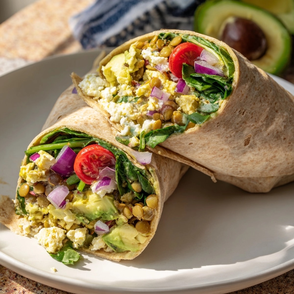 Close-up of an Avocado Lentil Breakfast Wrap showing vibrant greens and sliced avocado.