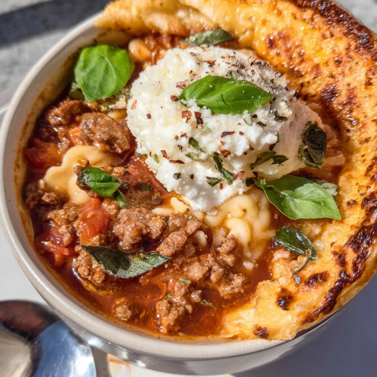 Crispy pizza crust bowls filled with rich lasagne soup and melty cheese.  