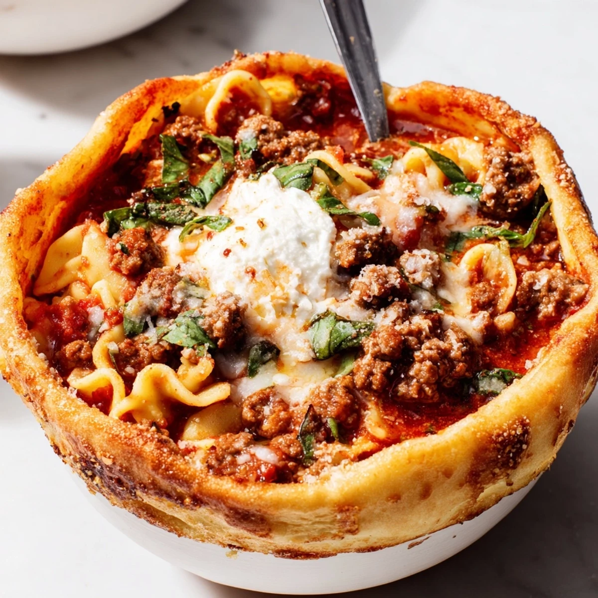 Comforting lasagne soup served in golden-brown, crispy edible pizza bowls.  