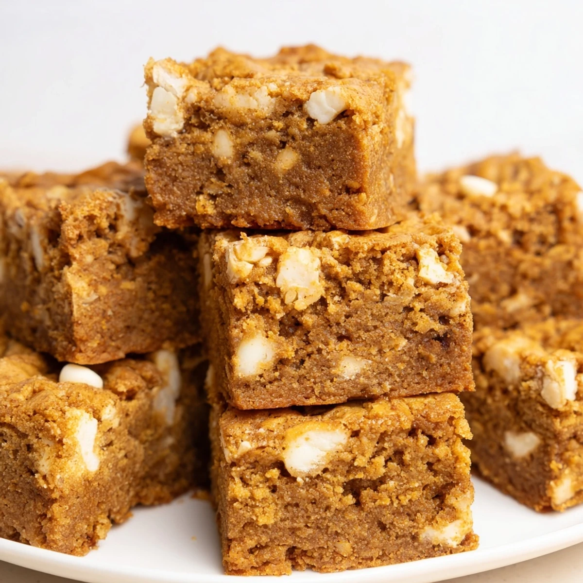 Moist pumpkin muffin blondie bars topped with creamy white chocolate chips.  