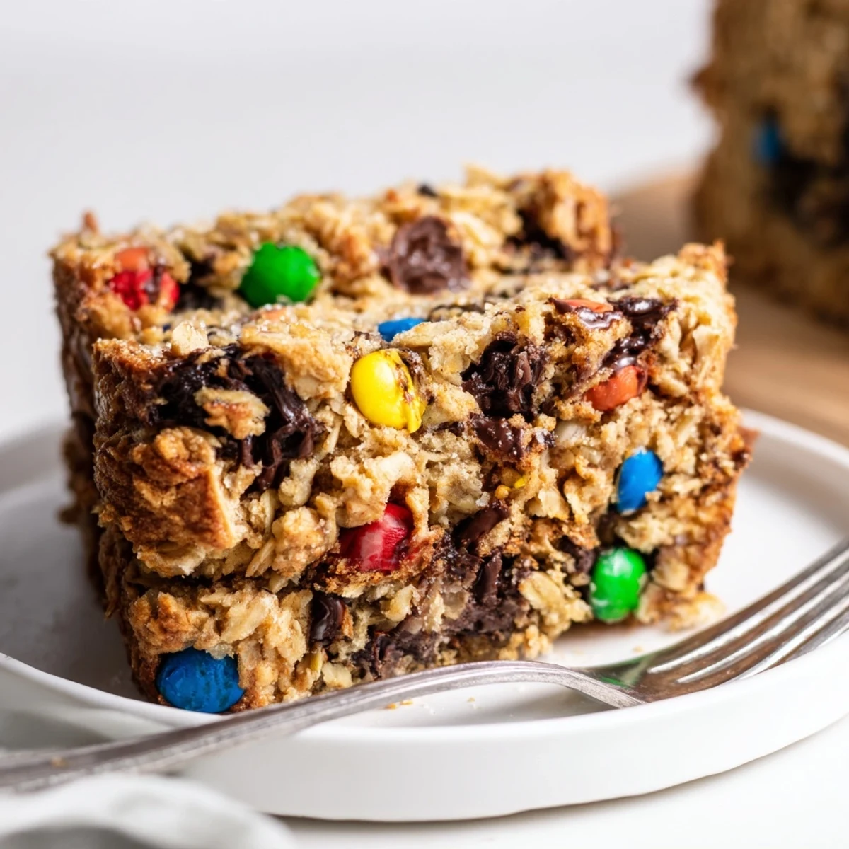A warm slice of Cinnamon Sugar Monster Cookie Loaf topped with colorful candies.  