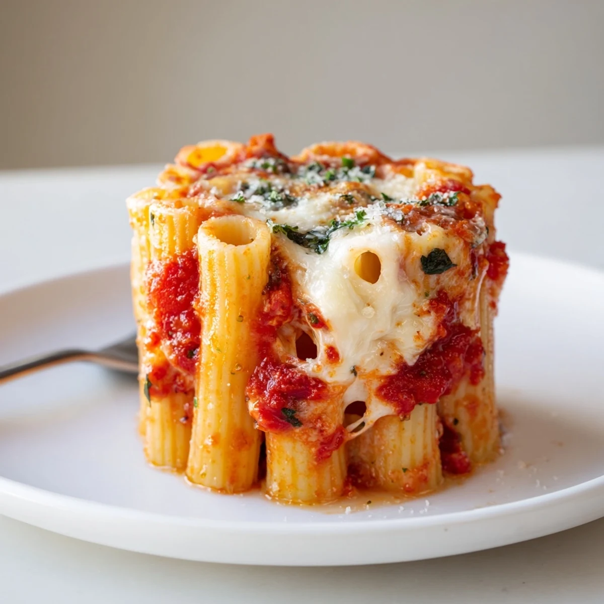 Savory Honeycomb Pasta Cake, stacked with rigatoni, rich tomato sauce, and gooey mozzarella.