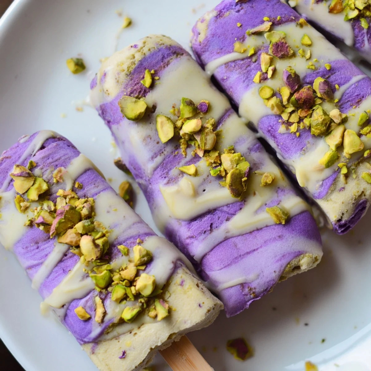 Colorful layers of creamy ube and crunchy pistachio ice cream bars ready to serve.  