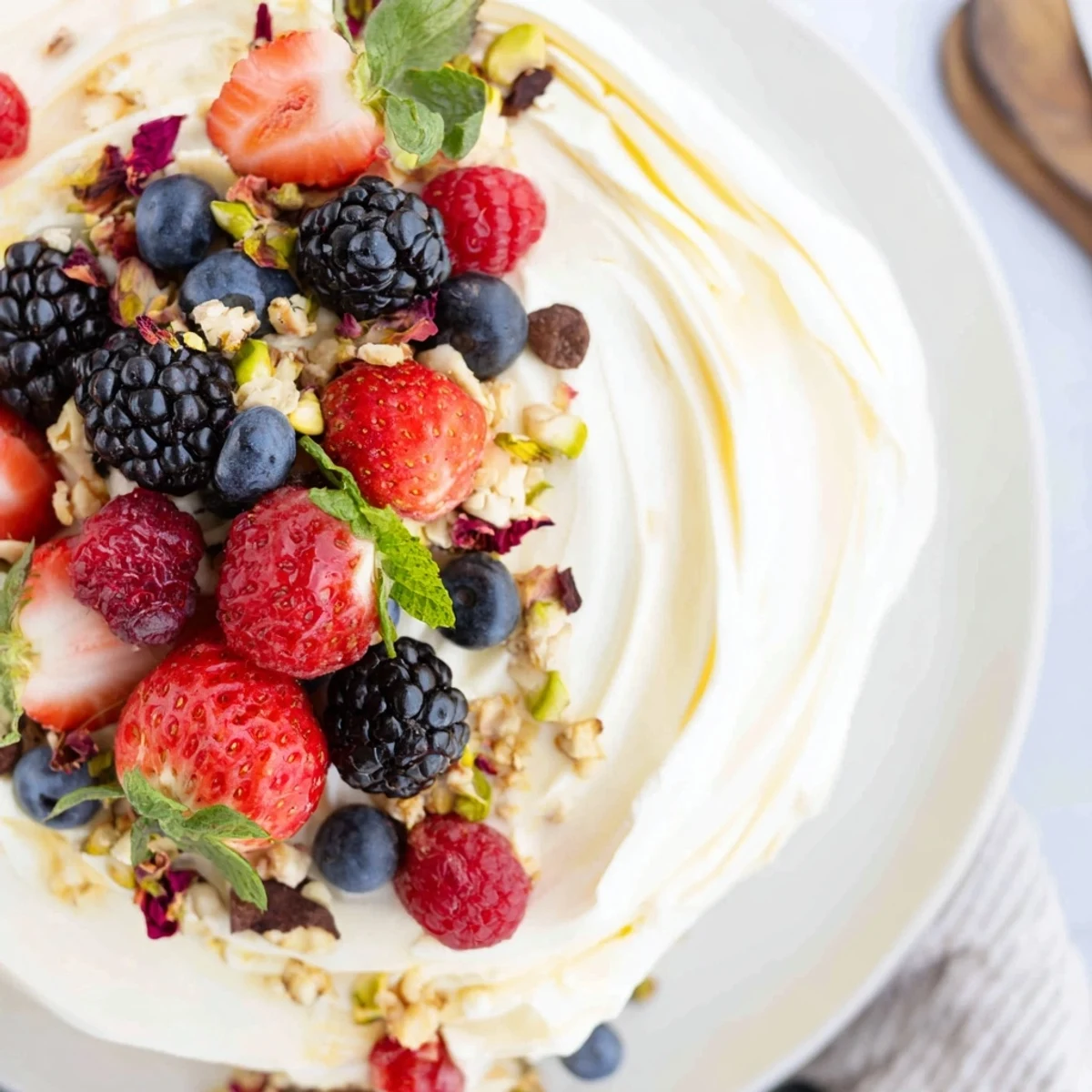 Colorful arrangement of whipped cream cheese and vibrant berries on a butter board.  