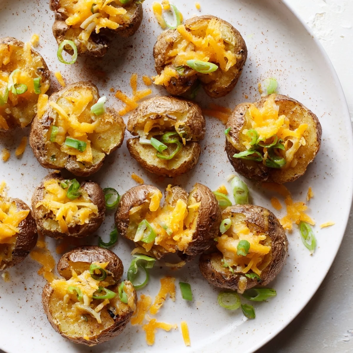 Crispy smashed green onion potato bombs topped with melted cheddar and herbs.