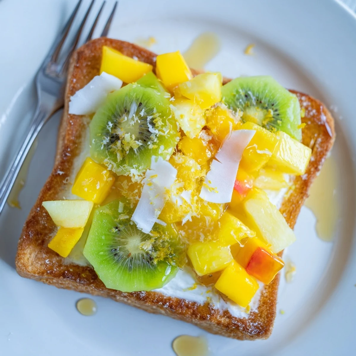 Creamy yogurt-custard toast topped with tropical fruits and shredded coconut.  