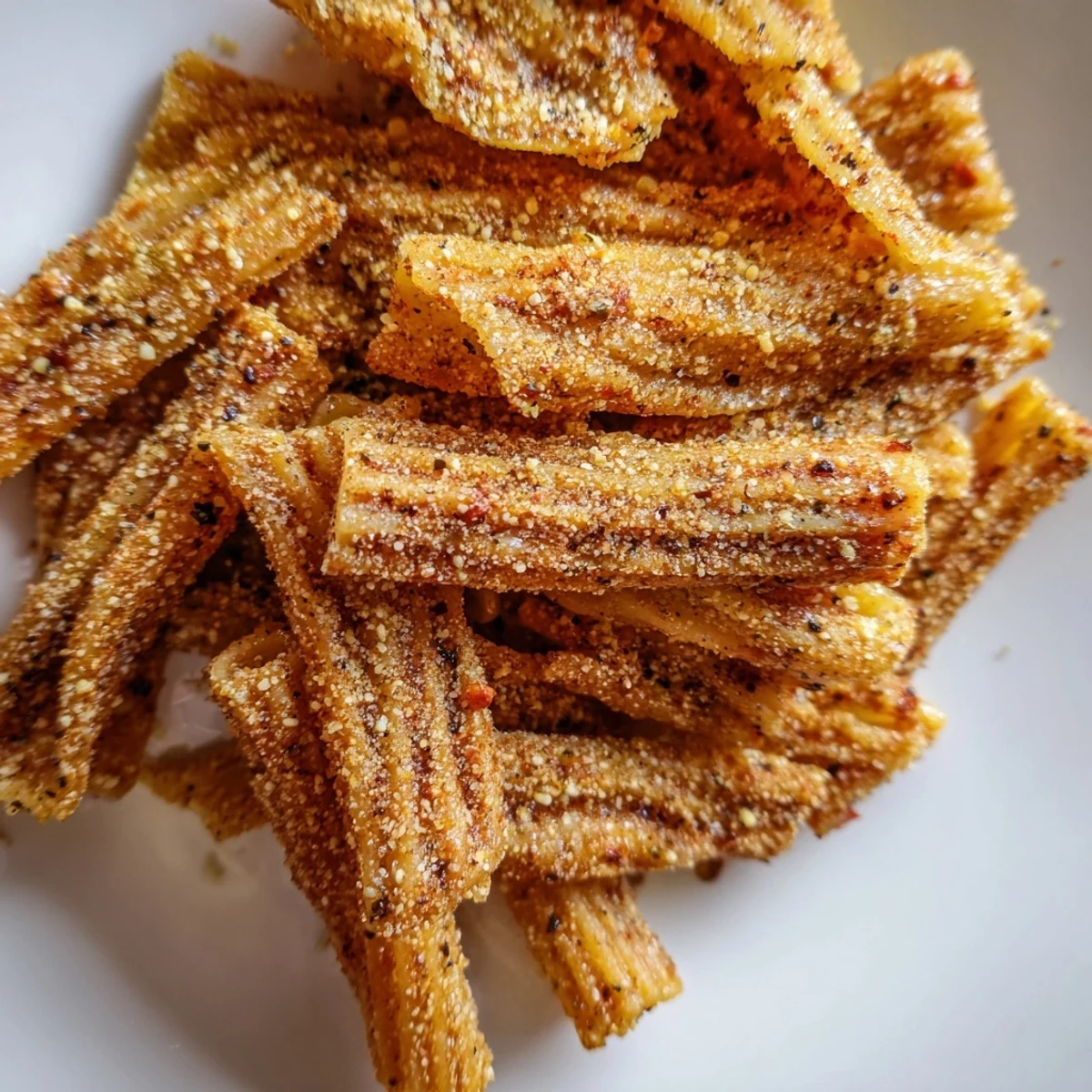 Baked pasta chips seasoned variety, tossed in aromatic spices for tasty snacking.  