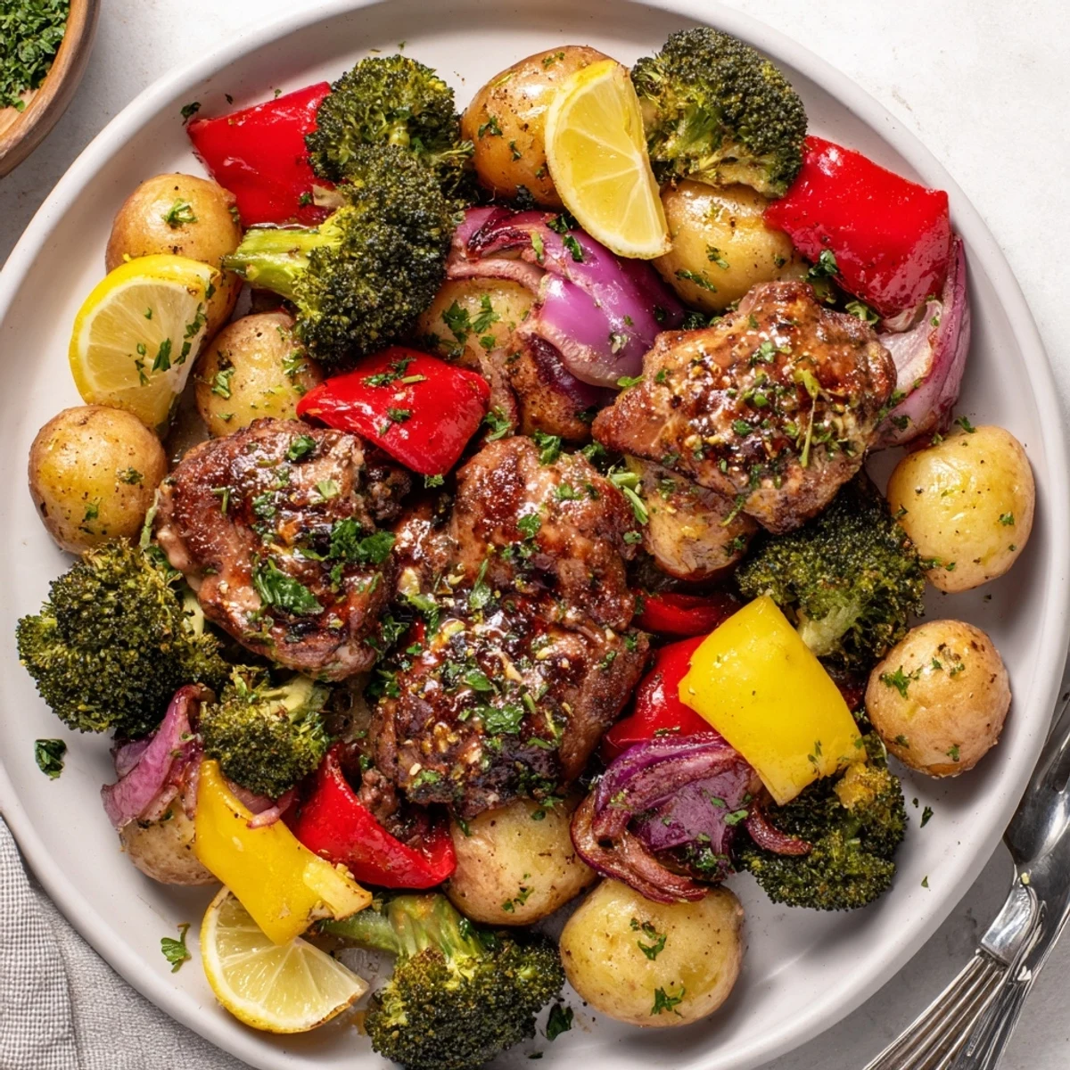 Delicious Lazy Gourmet Chicken & Vegetable One-Pot dish served with fresh parsley garnish.  