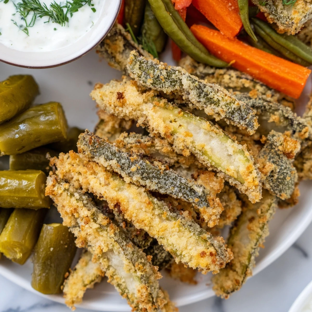 A vibrant platter of assorted pickled vegetables and fried pickles for true enthusiasts.  
