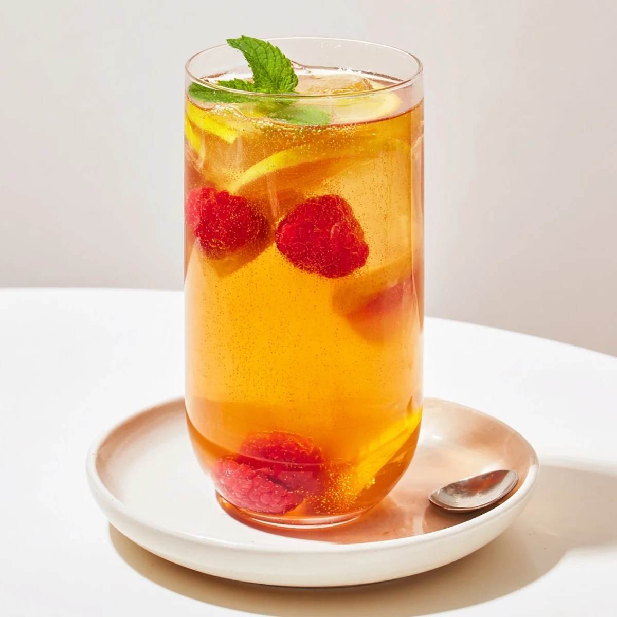 Brightly colored kombucha mocktails with lemon slices and mint for a fizzy delight.  