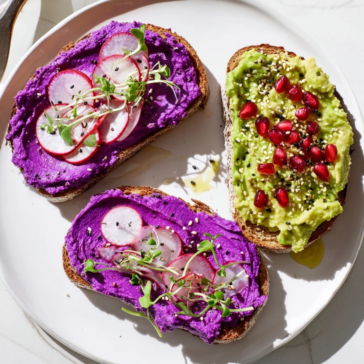 Vibrant Bright & Bold Breakfast Toasts topped with ube spread and fresh garnishes.  