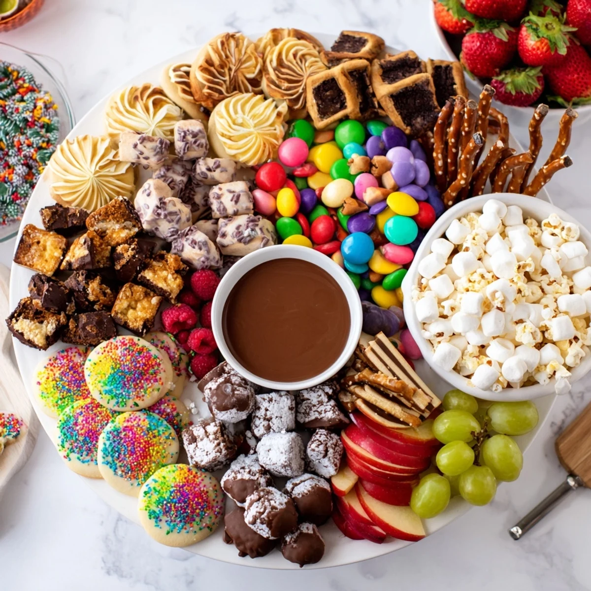 Vibrant dessert board with sweet snacks, fruits, and festive dips for sharing.  