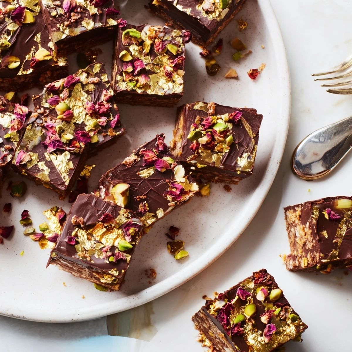 Decadent chocolate bar inspired creations featuring crunchy pistachios and spiced date caramel.