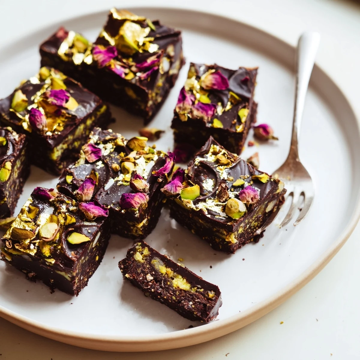 Luxurious chocolate dessert bars topped with rose petals and sweet coconut flakes.