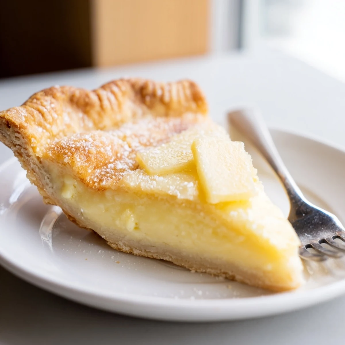 Creamy water pie fresh from the oven, topped with buttery, golden crust.  