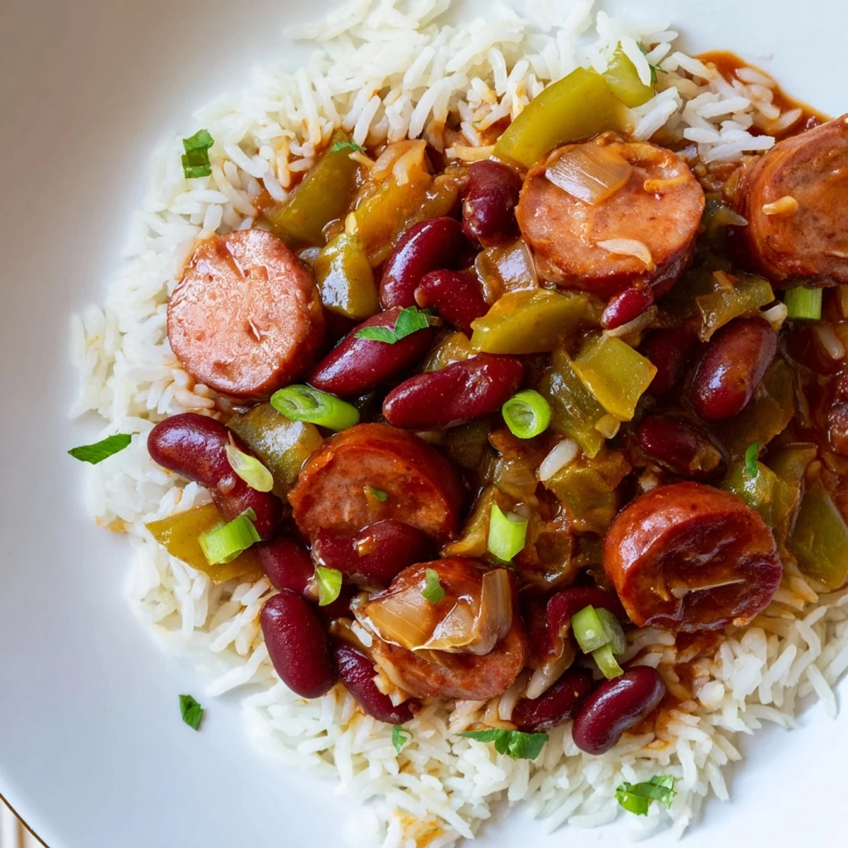 Hearty red beans & rice topped with green onions and fresh parsley.  