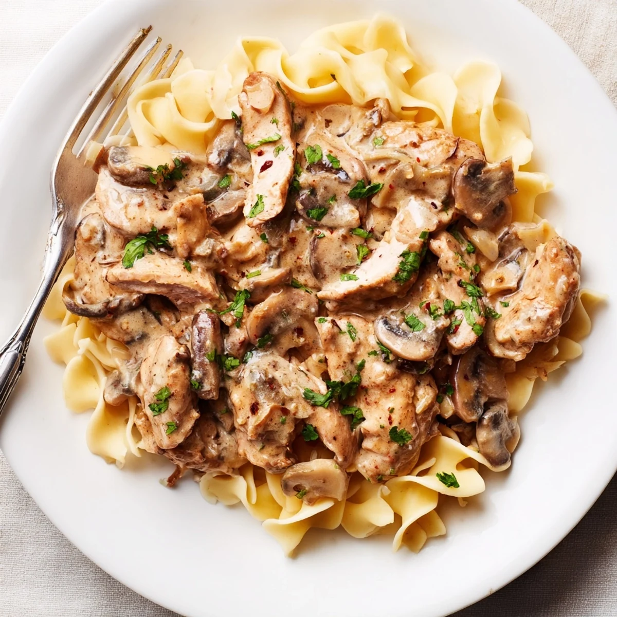 Savory Creamy Chicken Stroganoff featuring golden chicken in a luscious, creamy sauce over rice.