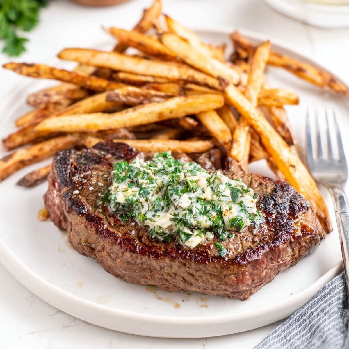 Juicy, perfectly seared Steakhouse Garlic Butter Steak garnished with vibrant herbs and served with crispy fries.