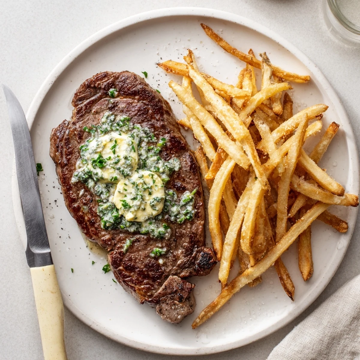 Savor the rich flavors of Steakhouse Garlic Butter Steak paired with golden, crunchy fries.