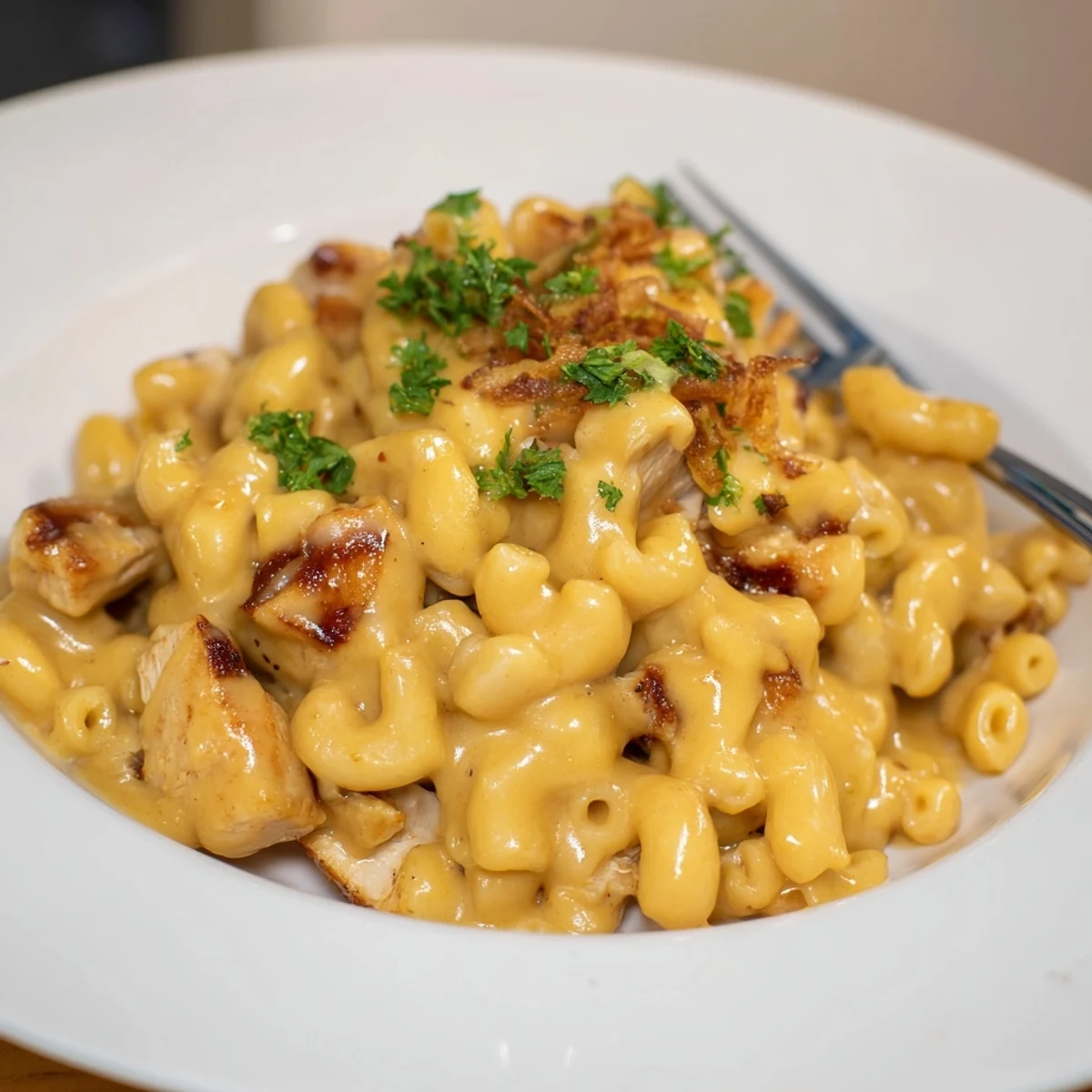 Creamy One-Pot Honey BBQ Chicken Mac and Cheese topped with crispy fried onions.  