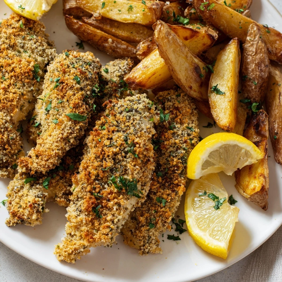 Juicy herbed chicken tenders paired with crispy potato wedges, perfect for family dinners.