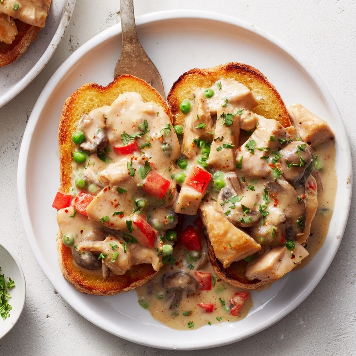 Close-up of Chicken à la King, showing the rich sauce coating tender chicken and fresh peas on toast.