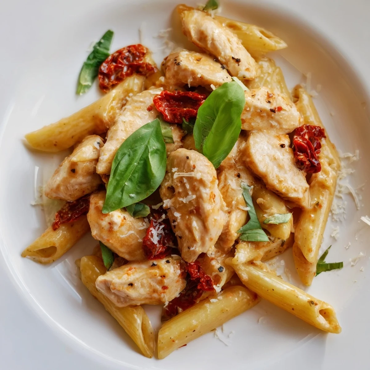 This Creamy Tomato Basil Chicken Pasta showcases golden chicken pieces nestled in a flavorful, creamy sauce.