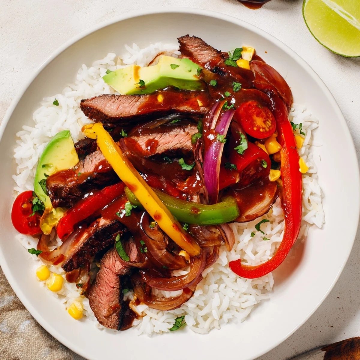 A beautifully arranged BBQ Steak Fajita Bowl overflowing with savory steak, fresh toppings, and fluffy rice.