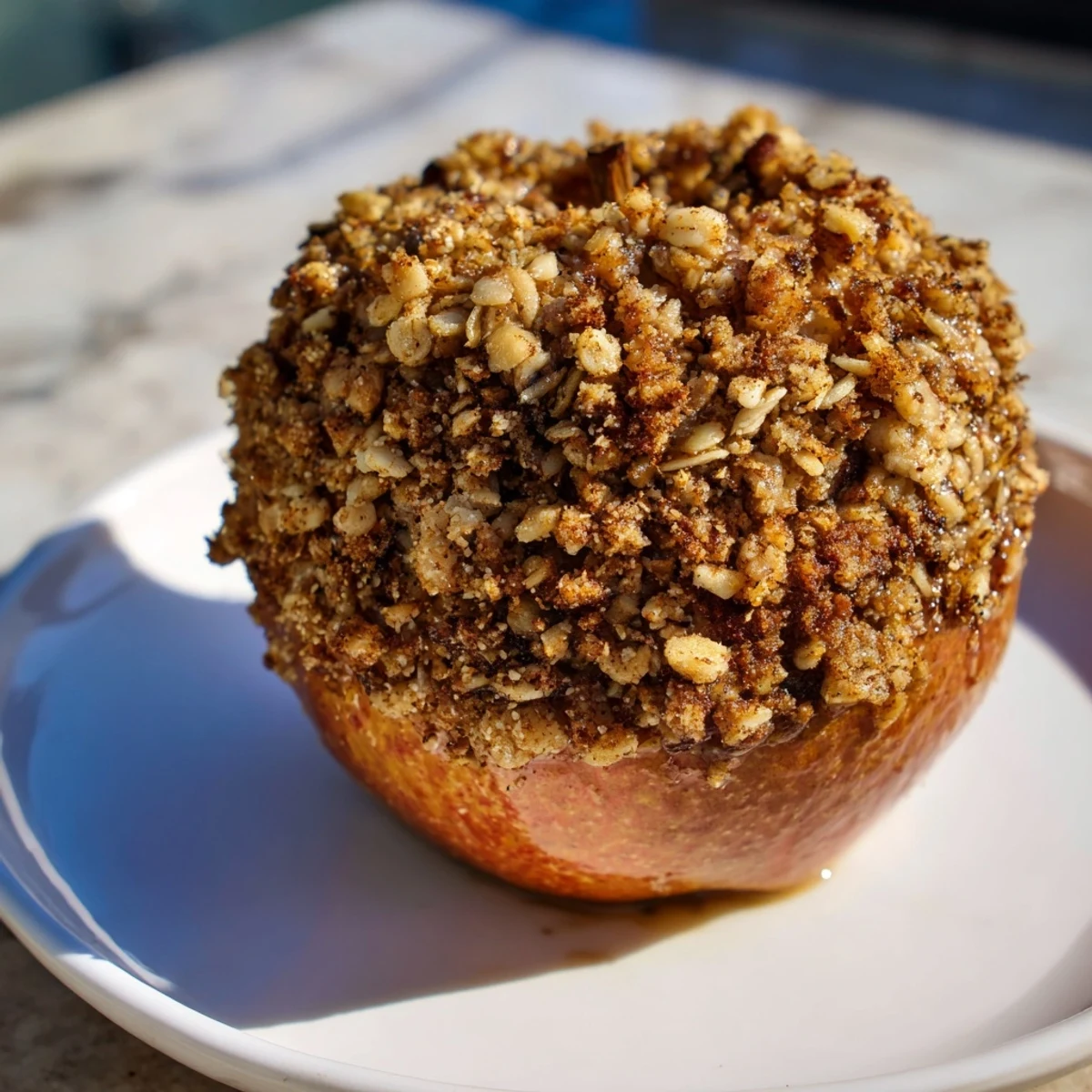 Close-up of baked apples in a baking dish, filled with a delicious, crunchy oat-nut crumble topping.