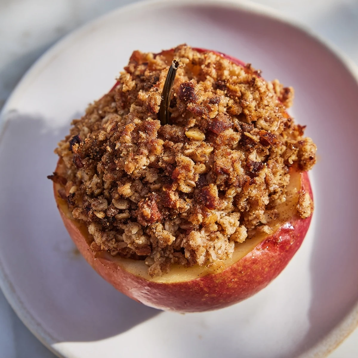 Golden baked apples with oat-nut crumble, offering a comforting aroma and warm, sweet taste.