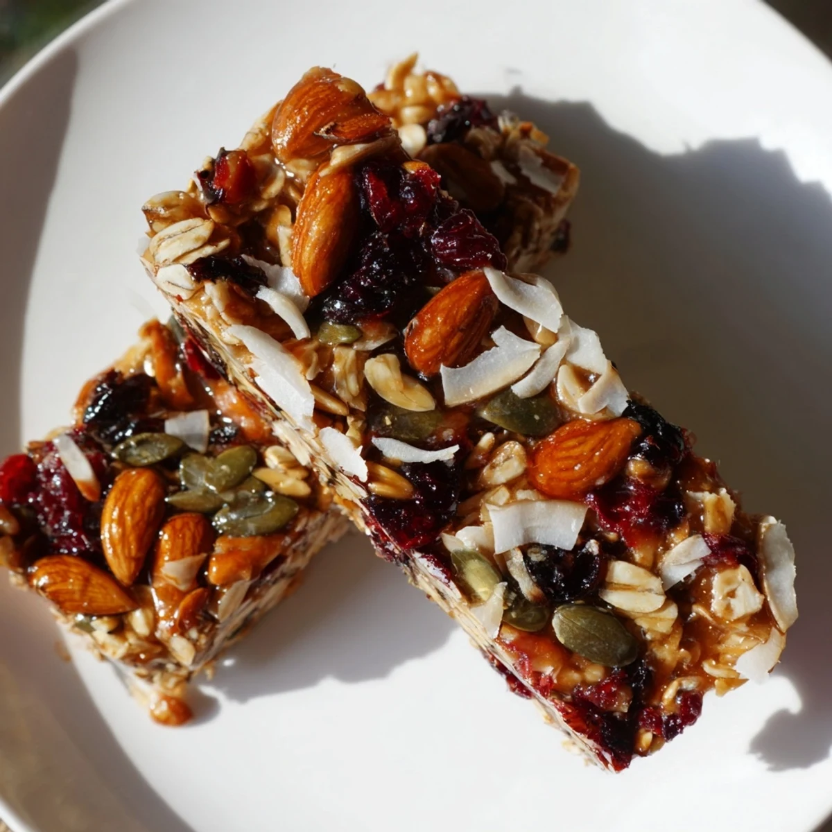 Perfectly portioned Roasted Pumpkin Seed & Cranberry Granola Bars, ready to enjoy as a breakfast treat.