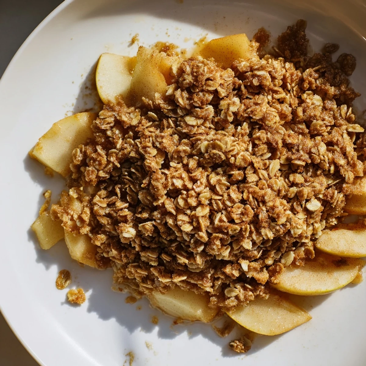 Freshly baked Apple Crisp, featuring a delicious, cinnamon-spiced apple filling and crunchy oat topping.