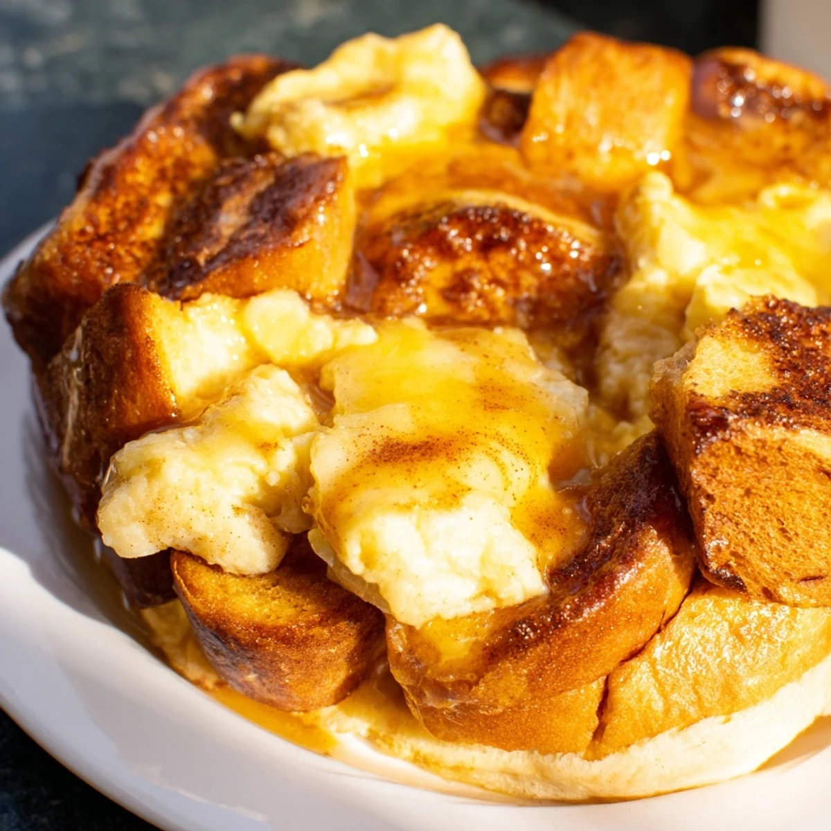 Warm, custardy French toast bake topped with a cinnamon-sugar crust, ready to serve with berries.
