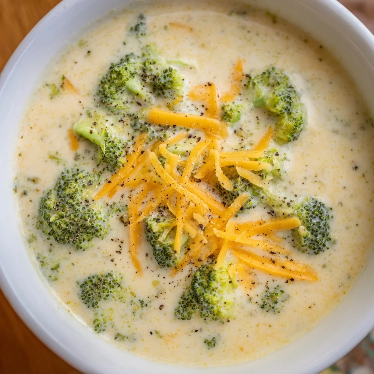 Rich and creamy Broccoli Cheese Soup, garnished and ready to serve with crusty bread.
