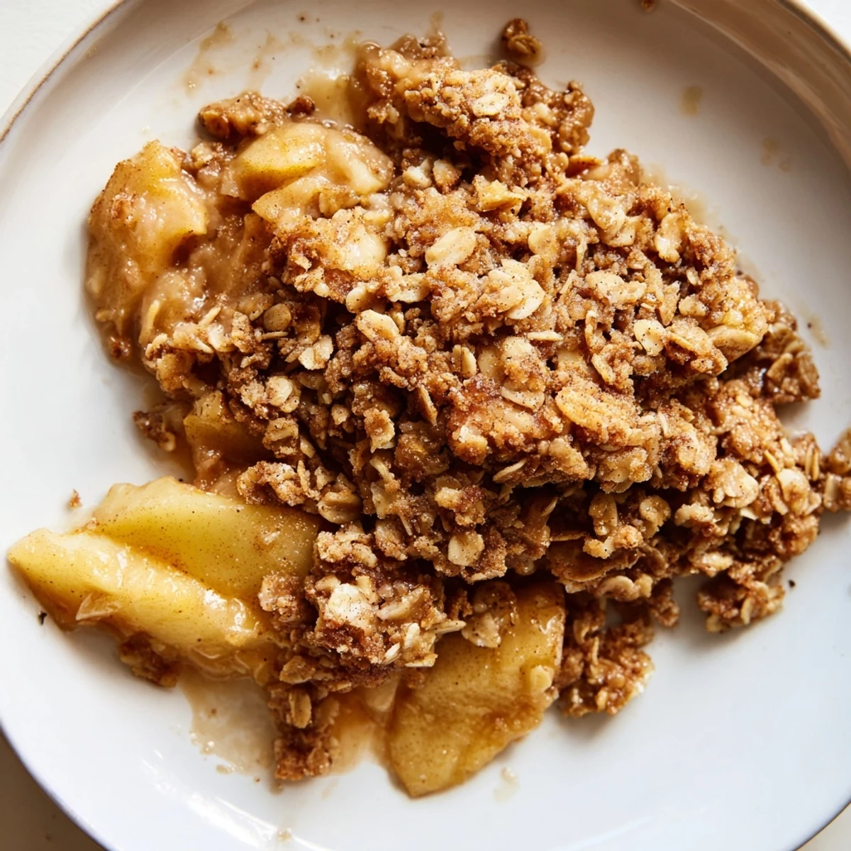 Warm Apple Crisp with golden oat crumble, bubbling and ready for serving with ice cream.