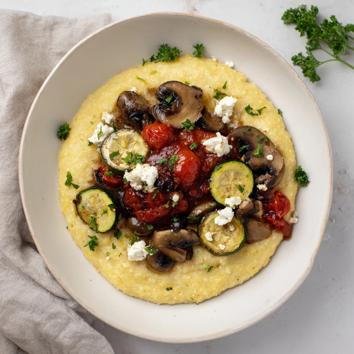 A warm Cornmeal Mush Polenta Bowl with sautéed mushrooms, creamy and inviting.