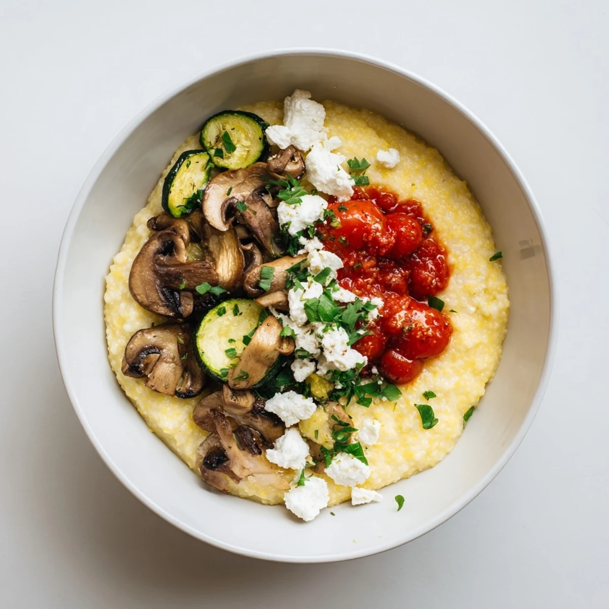 Golden-yellow Cornmeal Mush Polenta Bowls, topped with roasted vegetables, ready to eat.