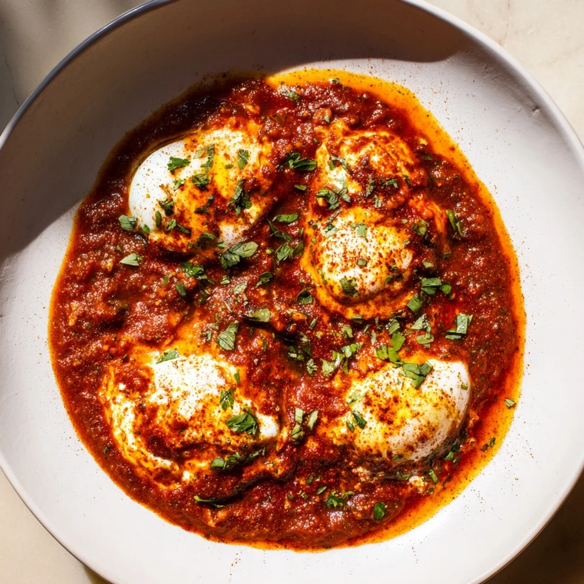 A bubbling skillet of Shakshuka: bright red tomato sauce with perfectly poached eggs, ready to serve.