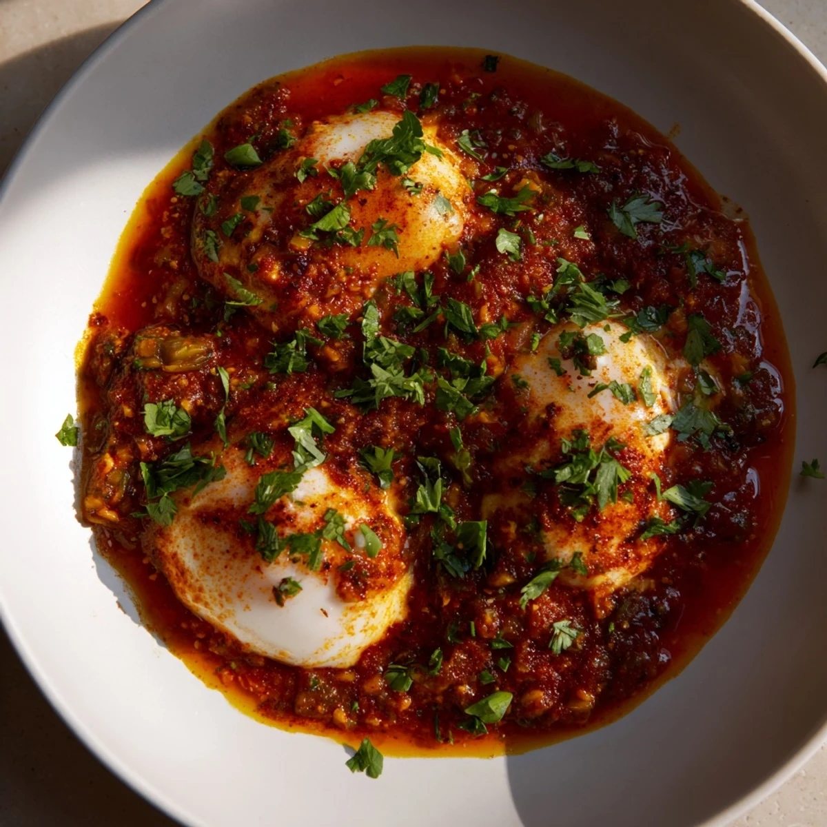 Enjoy fresh parsley sprinkled over this delicious Shakshuka, a Middle Eastern-inspired dish perfect for brunch.