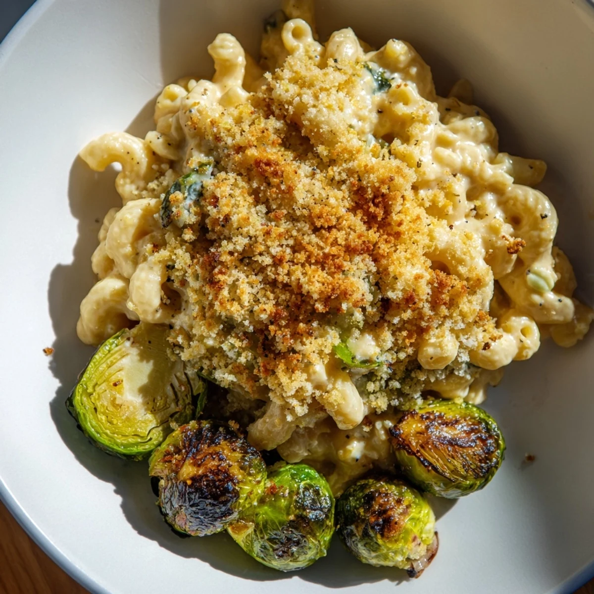 Golden, bubbly Sheet Pan Mac and Cheese with crispy Brussels sprouts, ready for scooping and serving.