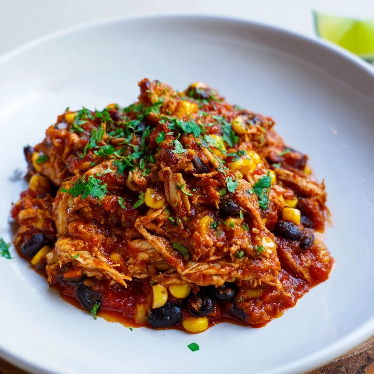Slow cooker salsa chicken, vibrant red salsa coating tender shredded chicken, ready for taco night.