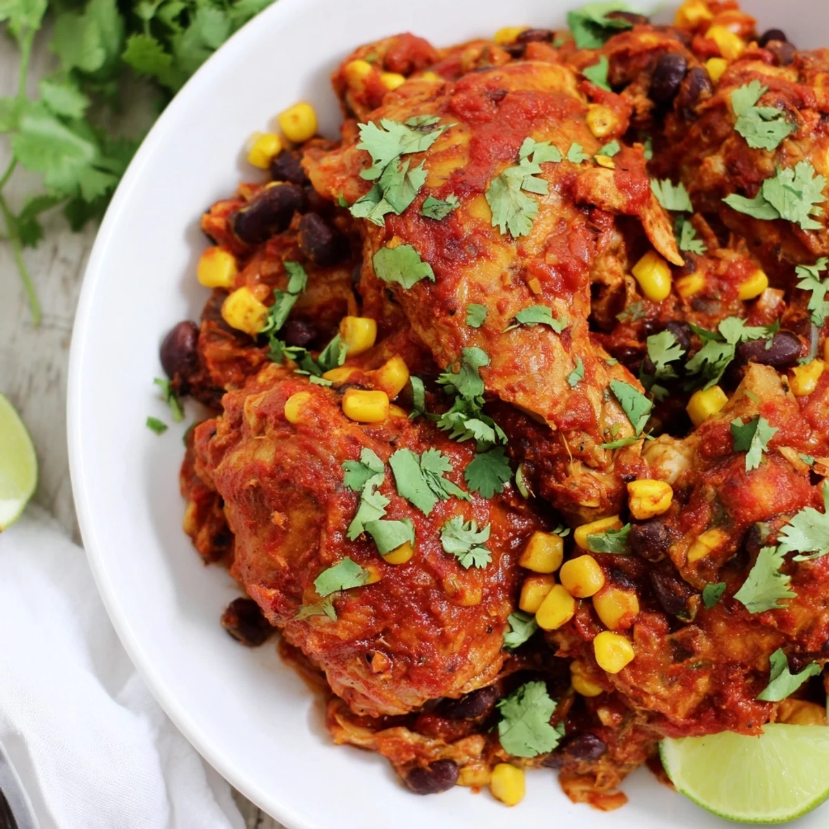 A flavorful close-up of slow cooker salsa chicken, with optional corn and black beans, ready to eat.