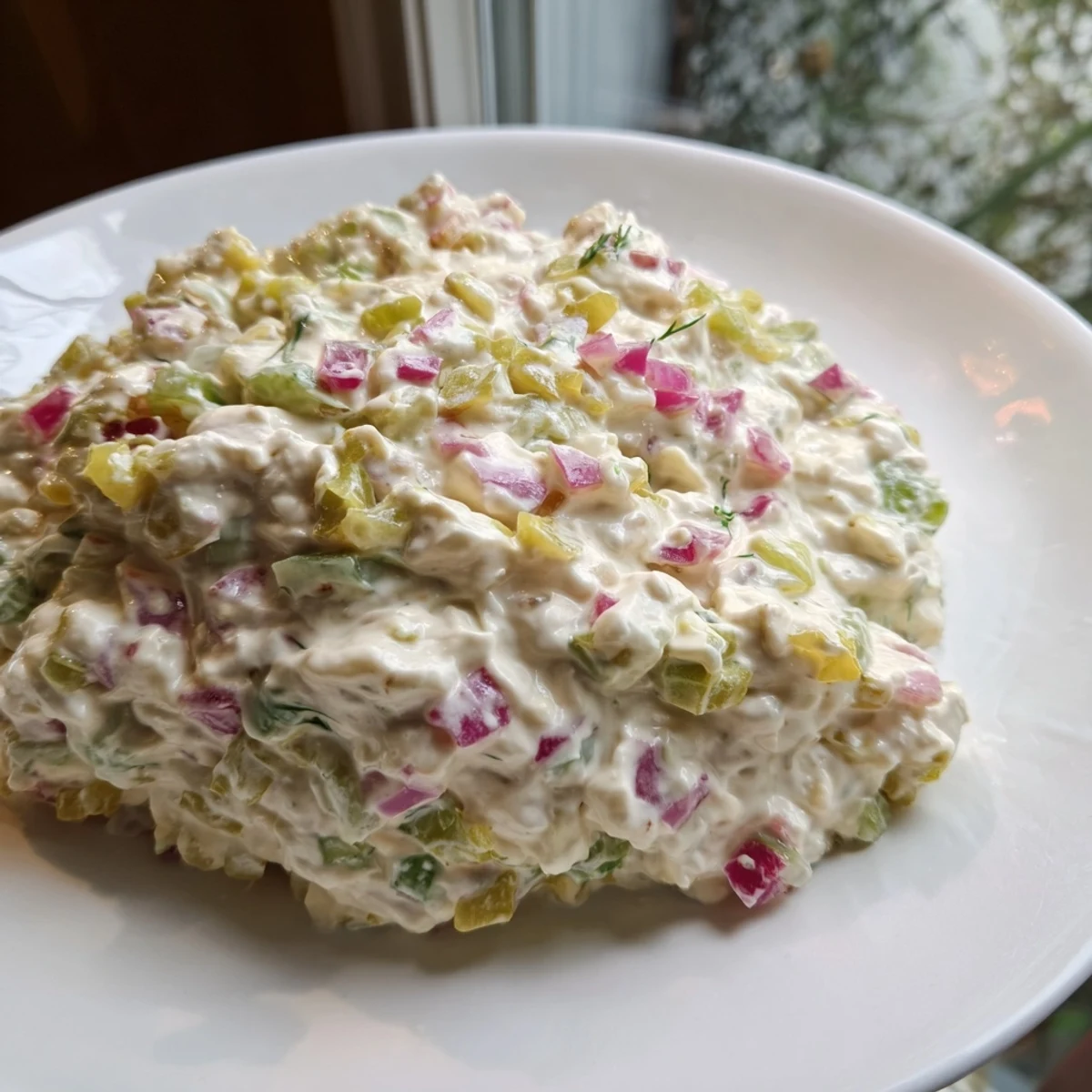 Creamy sweet and sour pickle relish dip with visible relish bits, served with crunchy chips.