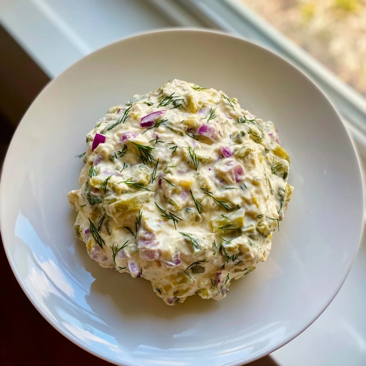 Cool and delicious sweet and sour pickle relish dip, presented in a bowl ready to be shared.