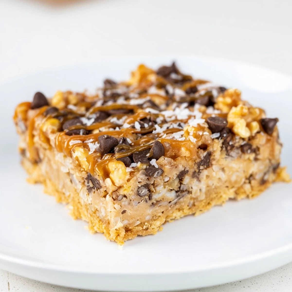 Golden, chewy 7-Layer Magic Bars topped with a glistening salted caramel drizzle, ready to enjoy.