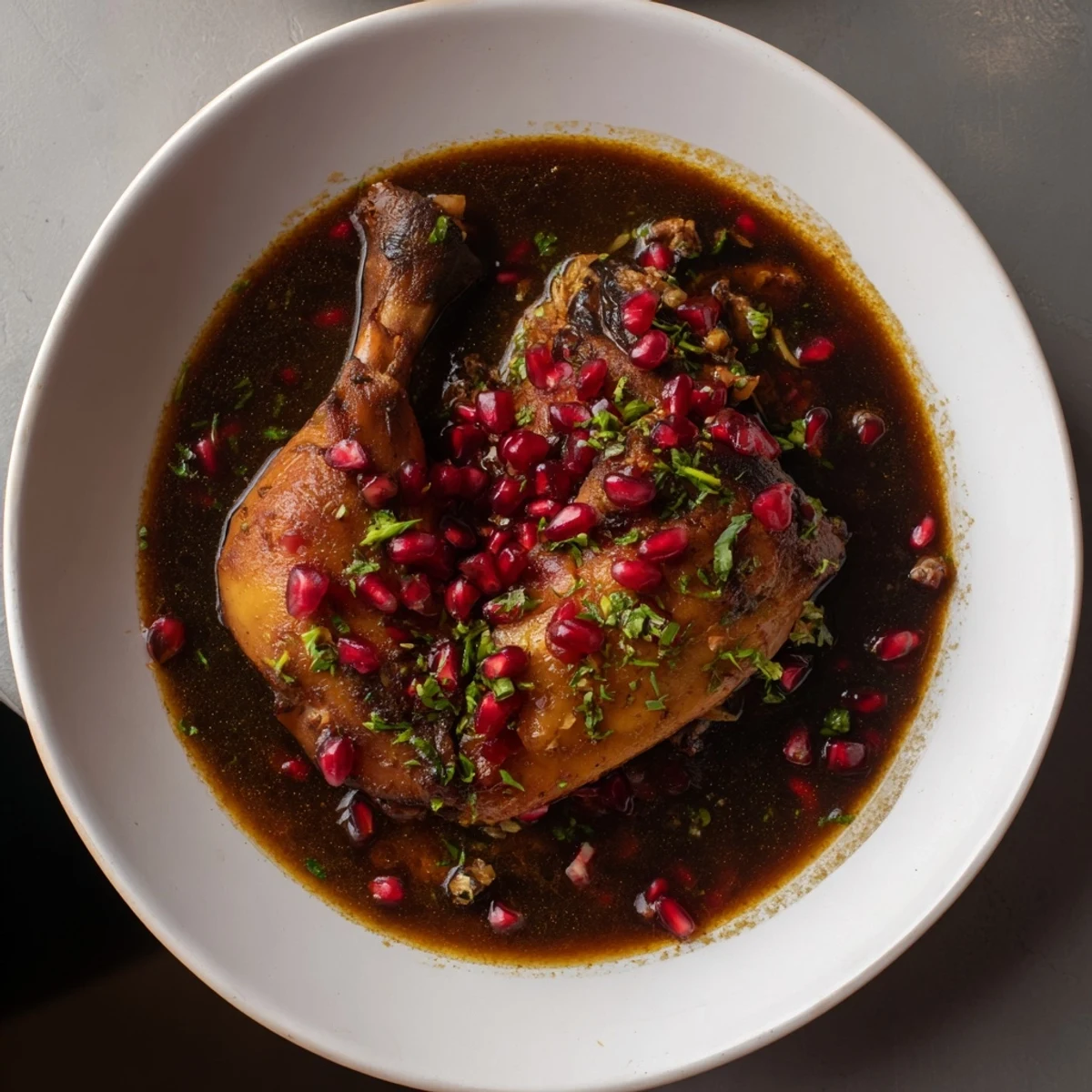 This close-up photo shows the beautifully dark, thick sauce of the Pomegranate Walnut Fesenjan Stew.