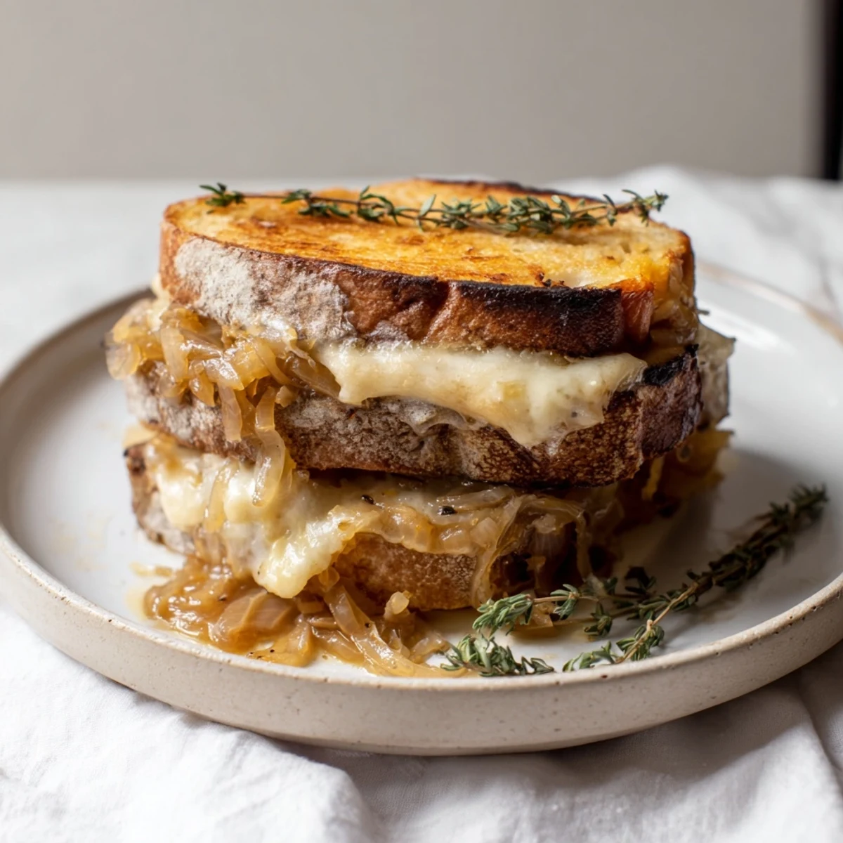 Perfectly grilled French Onion Grilled Cheese sandwich, served hot, showcasing its cheesy, caramelized goodness.