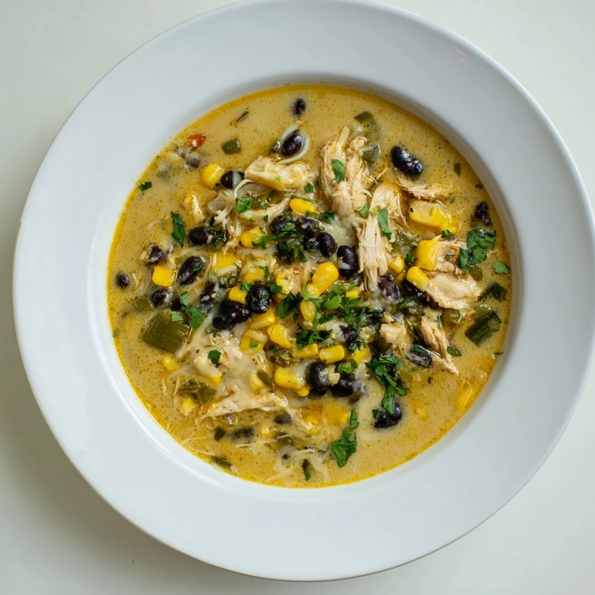Creamy Chicken Poblano Soup: a close-up shows tender chicken, peppers, and beans in a rich broth.