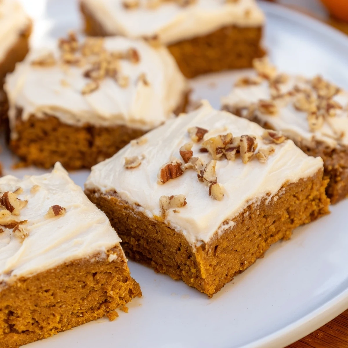 Freshly baked pumpkin bars with brown sugar frosting, a decadent autumnal delight.
